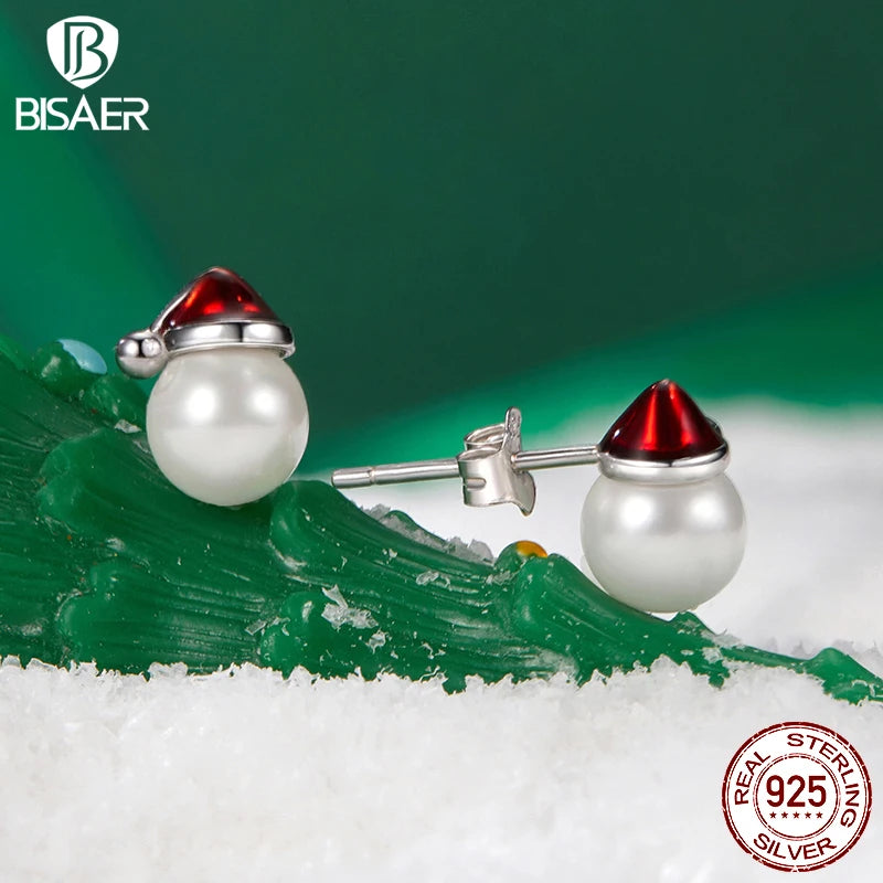 Boucles d'oreilles à tige en argent sterling 925 BISAER avec joli chapeau de Noël et perles en émail rouge pour femme, bijoux fins, cadeau de vacances, EFE1094