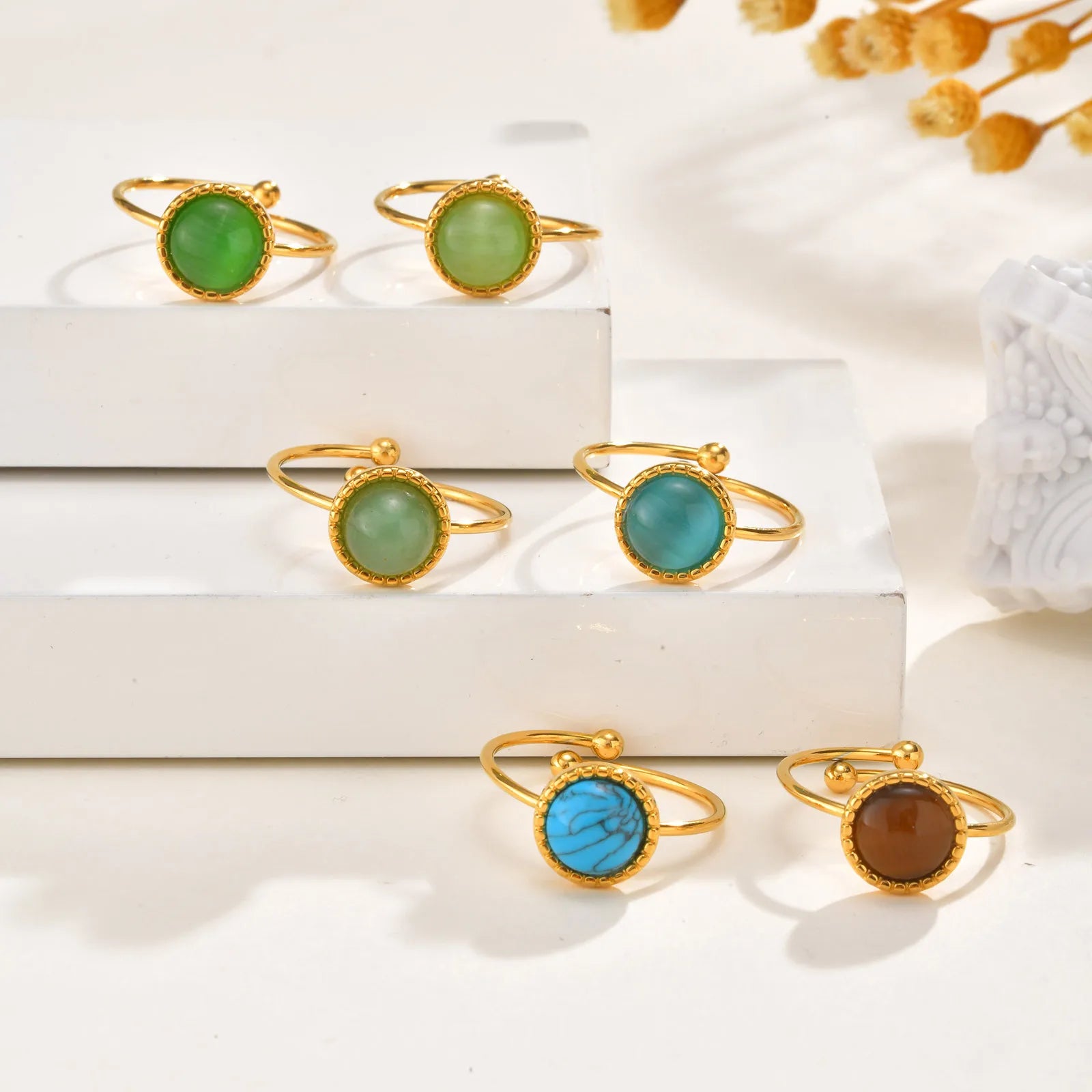 Vnox Vintage Gold Color Stainless Steel Women Opal Rings,Exquisite Multiple Round Stone Never Lose,Finger Open Rings Jewelry