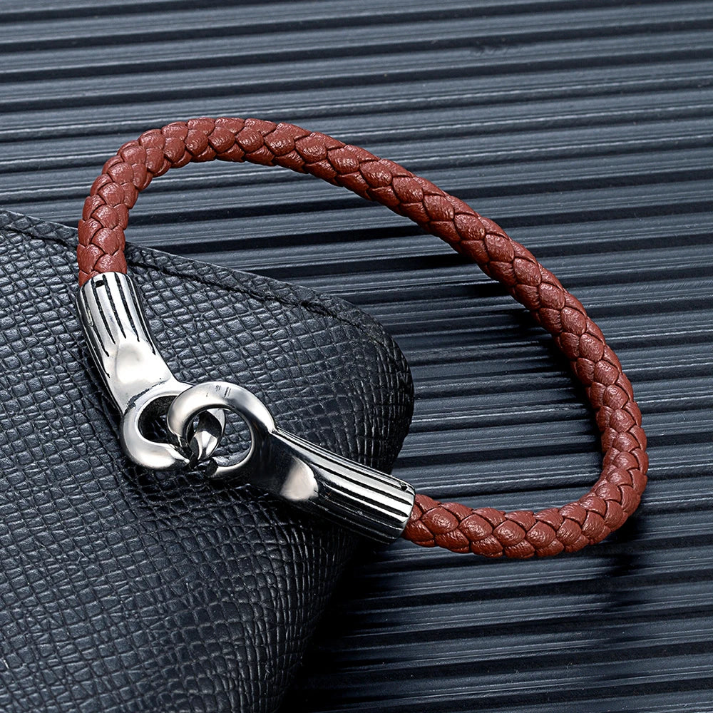 MKENDN Simple Style Braided Leather Bracelet for Men & Women Retro Stainless Steel Handcuff Buckle Unique Menottes Bijoux Gift