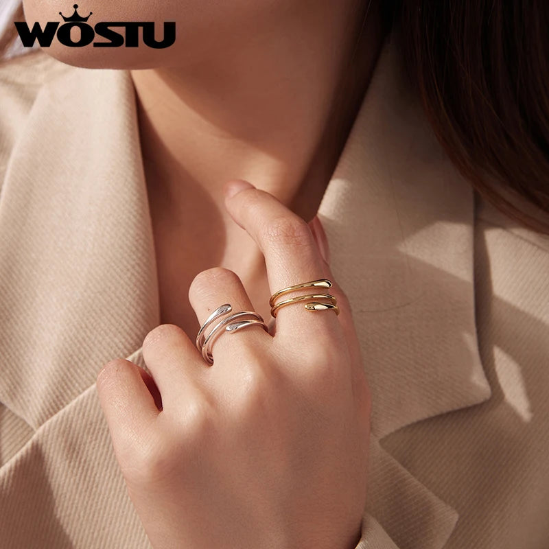WOSTU S925 Sterling Silver Twist Open Ring For Women, Stackable Gold and Silver Spiral Ring Minimalist Jewelry Party Dating Gift