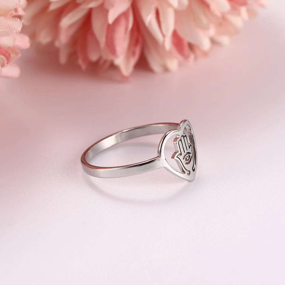 Dreamtimes Evil Eye Hamesh Hamsa Hand Heart Ring Women Amulet Lucky Fatima Palm Stainless Steel Rings Jewelry Birthday Gift 2023