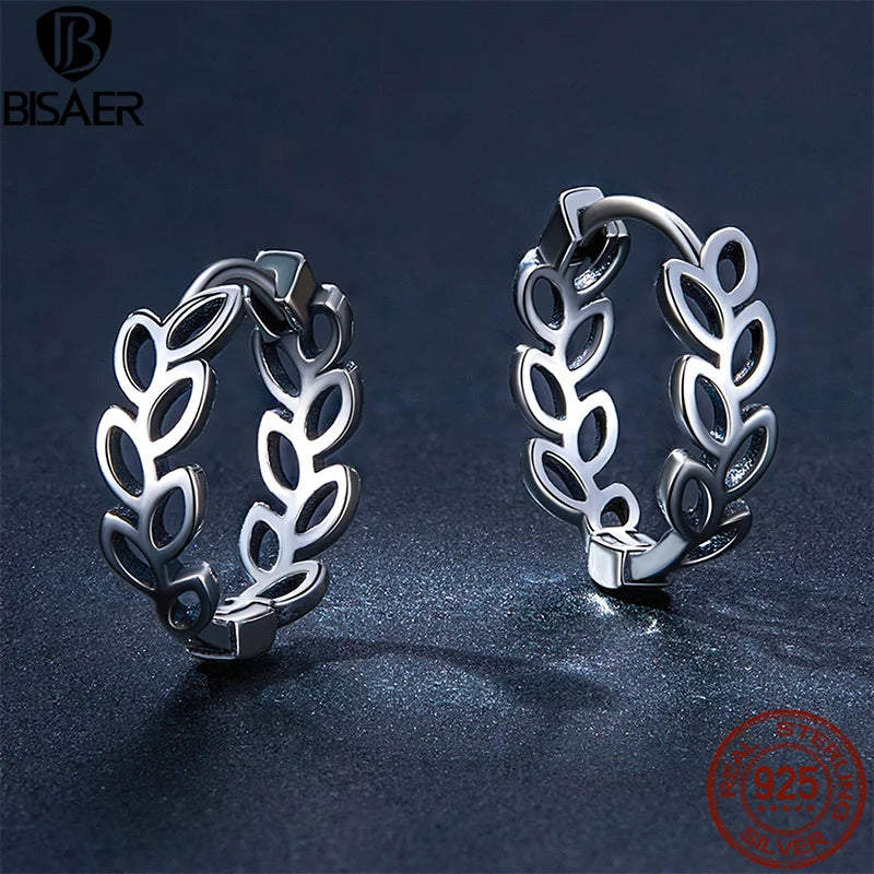 BISAER Boucles d'oreilles créoles simples en argent sterling 925 avec feuilles creuses pour femmes, bijoux fins originaux, cadeau de fête