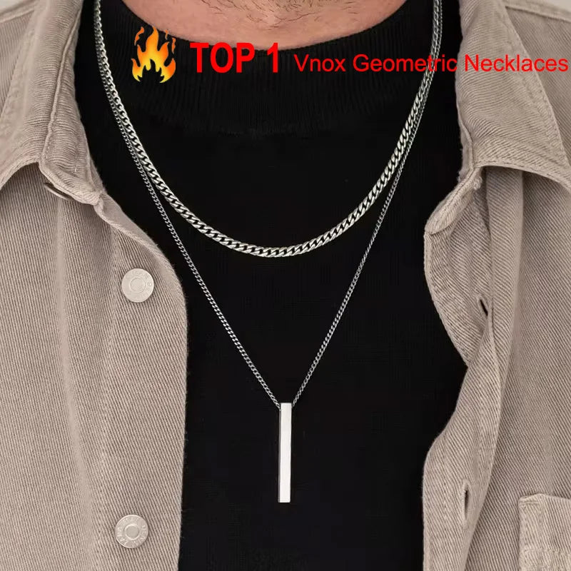 Vnox 3D Vertical Bar Necklaces for Men, Layering Stainless Steel Geometric Pendant, Layered Wheat Rope Cuban Chain, Boy Collar