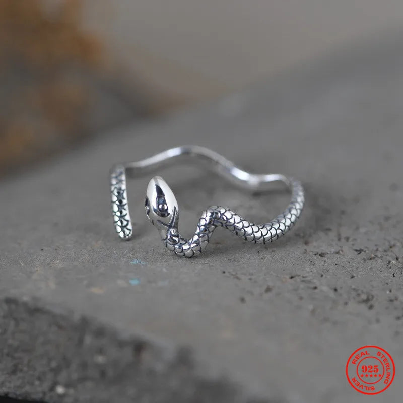 MKENDN 925 Sterling Silver Creative Retro Snake Ring For Men and Women Gothic Trendy Street Punk Style Dark Jewelry