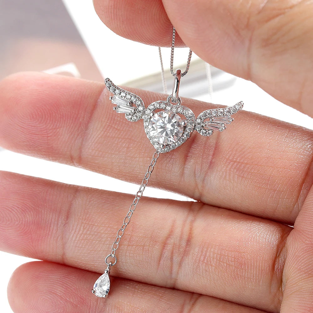 Serenity 1ct D Color Moissanite Necklace for Women Gift 100% 925 Sterling Silver Sparkling Diamond Angel Move Pendant Neck Chain - Madeinsea©