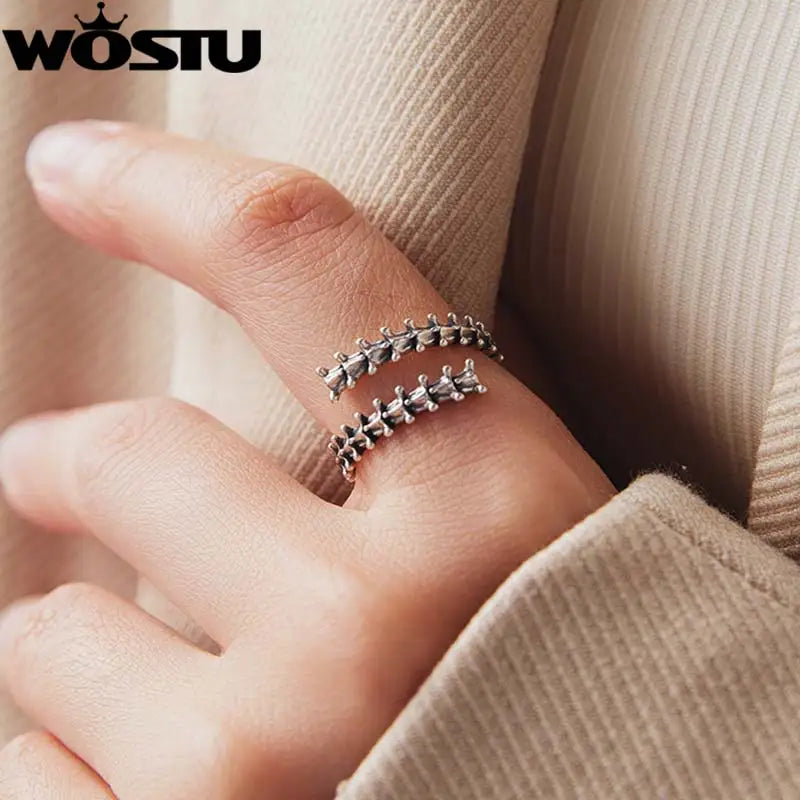 WOSTU 925 Sterling Silver Vintage 925 Sterling Silver VertebraeOpen Ring, Punk Spine Adjustable Rings Edgy Halloween Gift