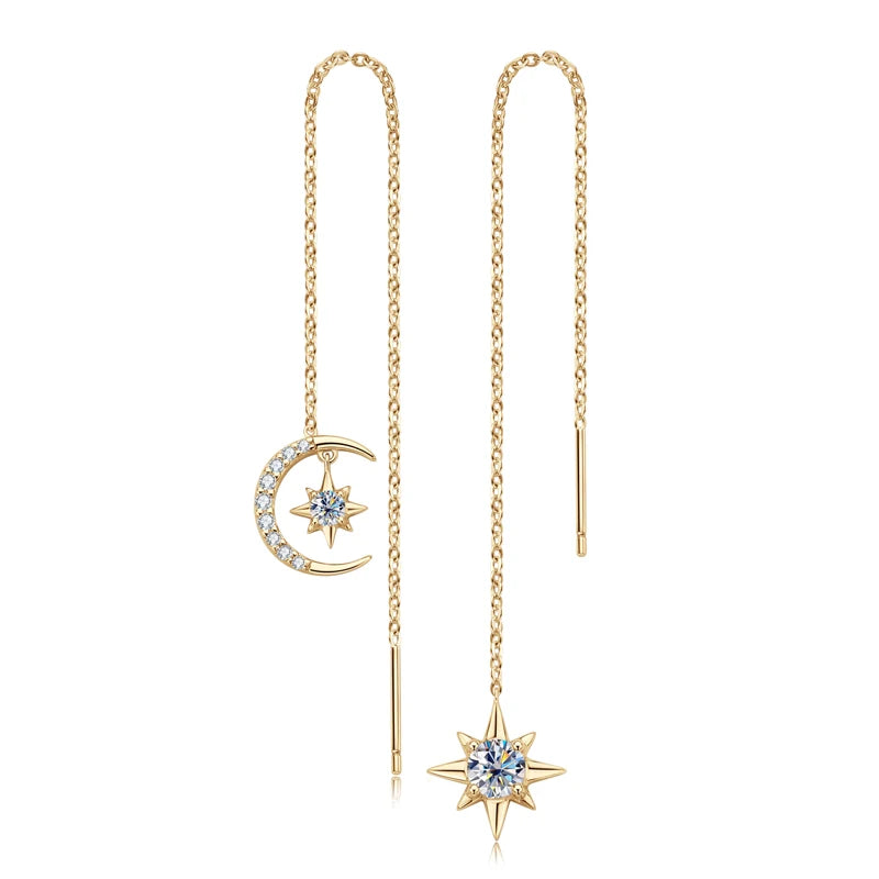 925 Sterling Silver Moissanite Asymmetry Star Moon Ear Thread Fashion Threader Earring Ladies Fashion Jewelry Gift 2025New