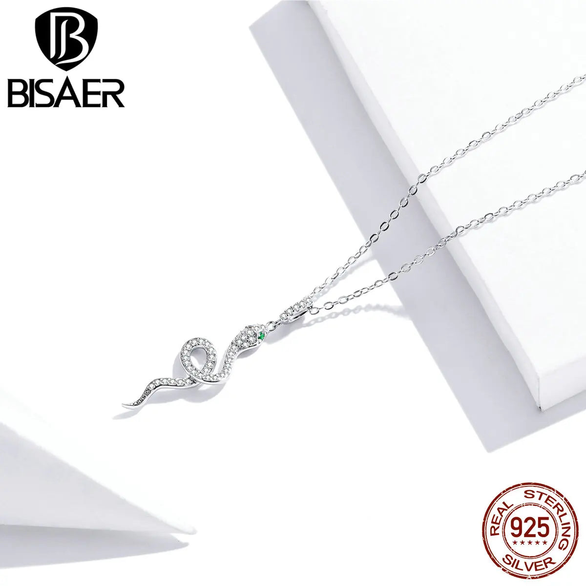 BISAER 925 Sterling Silver Snake Necklace Pendant Pave Setting Zircon Plated Platinum for Women Adjustable Chain Fine Jewelry