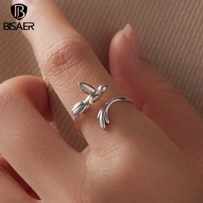 BISAER 925 Sterling Silver Bird Open Ring Animal Band Adjustable Size 5-8 for Women Party Original Design Fine Jewelry EFR714-E