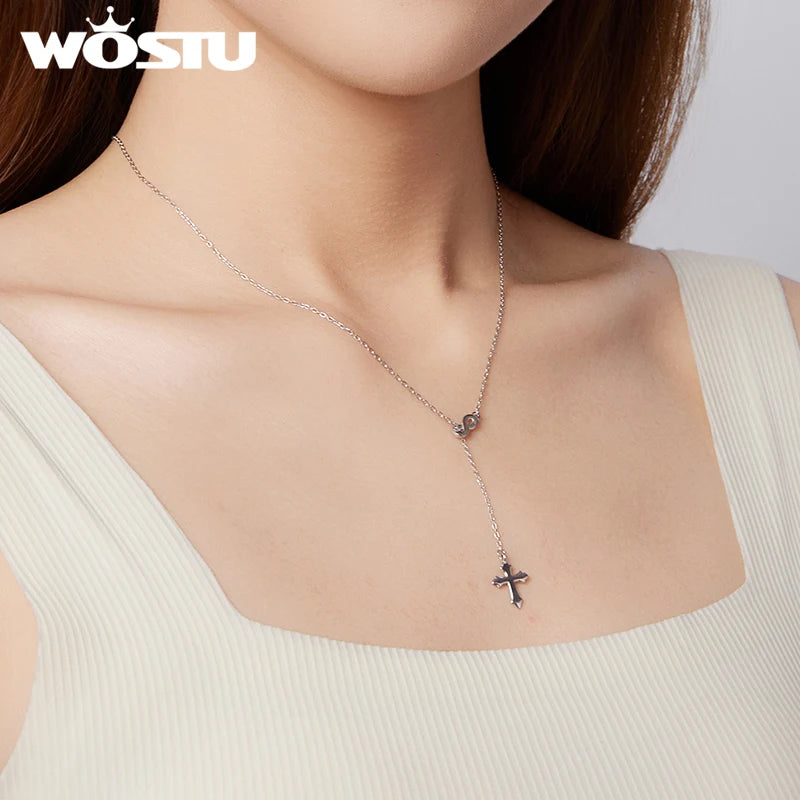 WOSTU 925 Sterling Silver Eternal Faith Cross Y Chain For Women Making DIY Fine Jewelry Wholesale VIP Customized Link