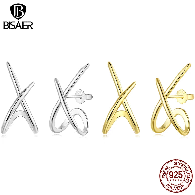 BISAER 925 Sterling Silver Simple X Stud Earrings Minimalist Geometry Lines Stud Ear Plated Gold for OL Women Party Fine Jewelry