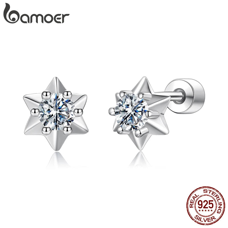 BAMOER Funkelnde Hexagramm-Moissanit-Ohrstecker, 925 Sterlingsilber, Mini-Stern-Ohrringe mit im Labor hergestellten Diamanten – Geburtstagsgeschenk