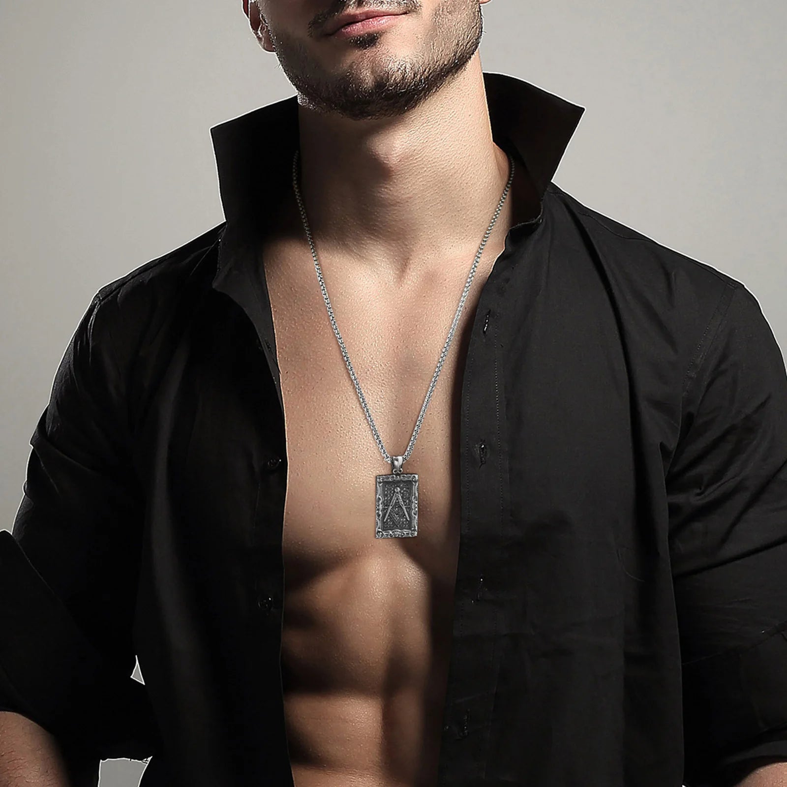 Vnox Mens Freemasonry Necklaces,Geometric Rectangular Badge with Masonry Pendant, US Style Accessory Gift