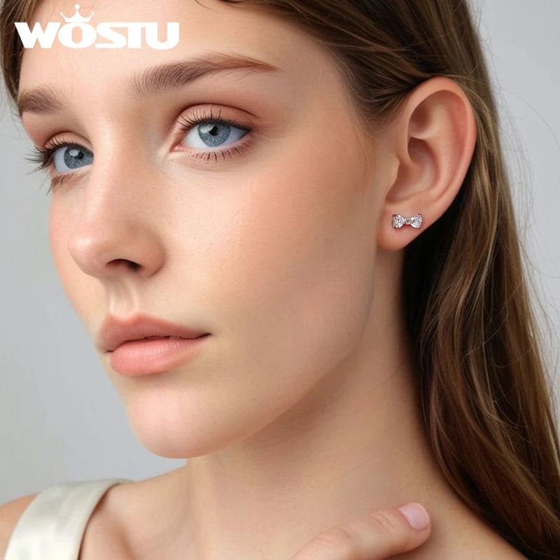 WOSTU Sweet Bowknot Earrings 925 Sterling Silver 925 Sterling Silver Clear AAA Zircon Bow knot Stud Earring Birthday Party Gift