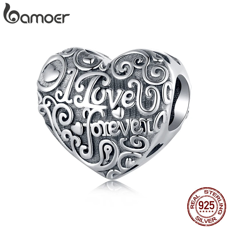 BAMOER Solid 925 Sterling Silver Retro Pattern Heart Charm Bead fit Original Bracelet & Necklaces Jewelry DIY bamoer Heart Charm