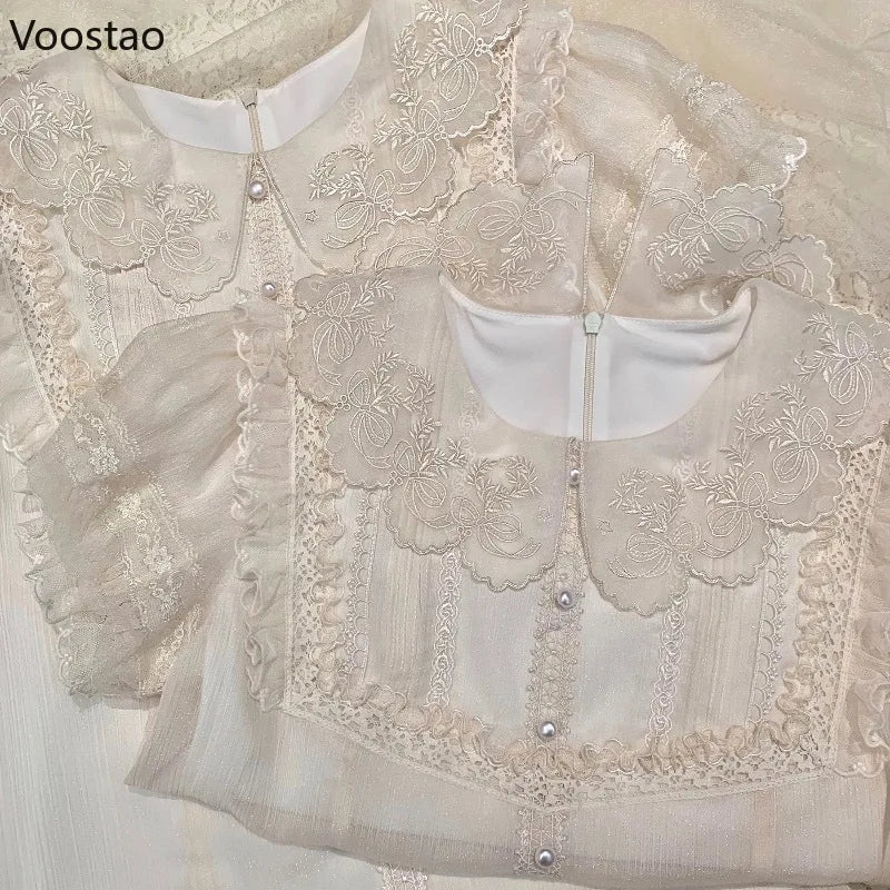Victorian Vintage Lolita Shirt Japanese Women Elegant Sweet Lace Ruffle Embroidery Long Sleeve Blouse Y2k Aesthetic Clothes Tops
