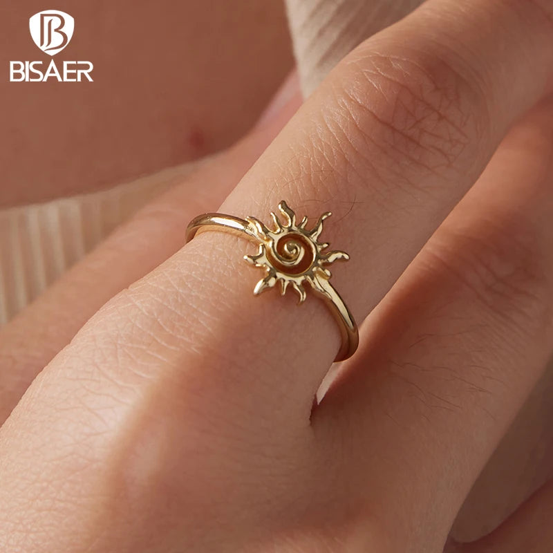 BISAER 925 Sterling Silver Sun Open Ring Stackable Eternity Band Plated Gold for Women Party Fine Jewelry EFR709-E