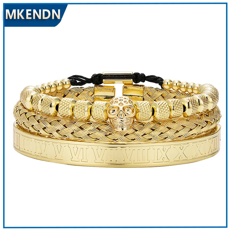 MKENDN Luxury Handmade Braiding Bracelet Men Pave CZ Skull Head Bracelet Stainless Steel Jewelry Dropshipping