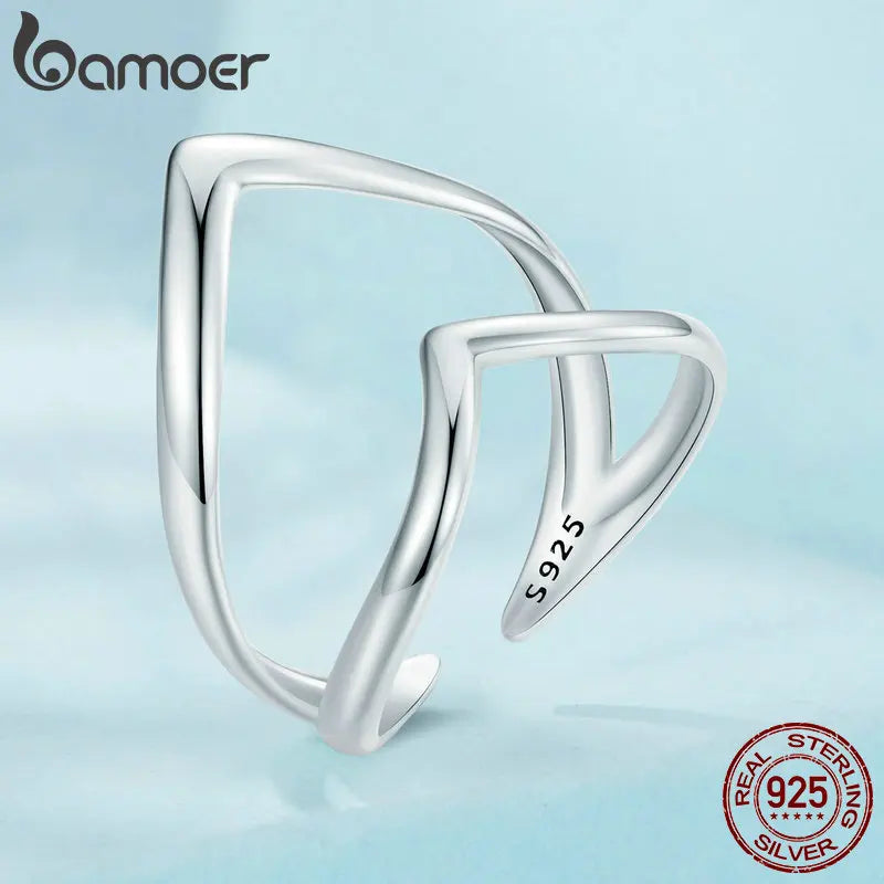 BAMOER 925 Sterling Silber Punk Stil V-förmiger Öffnungsring Doppellagiger verstellbarer Ring Schlichter edler Schmuck für Frauen SCR981-E