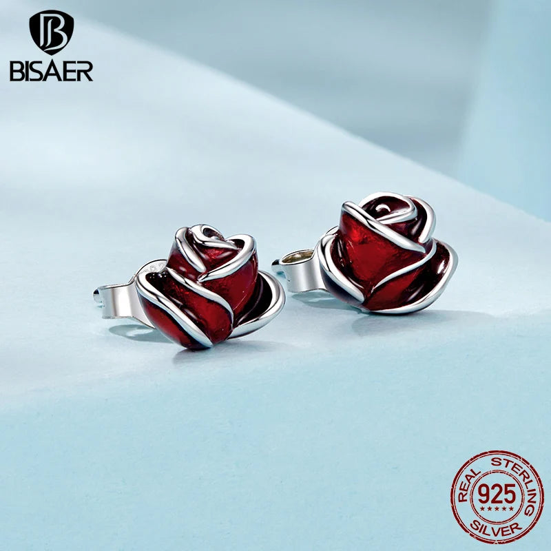 Boucles d'oreilles à tige en argent sterling 925 BISAER avec rose rouge et émail plaqué or blanc pour femme
