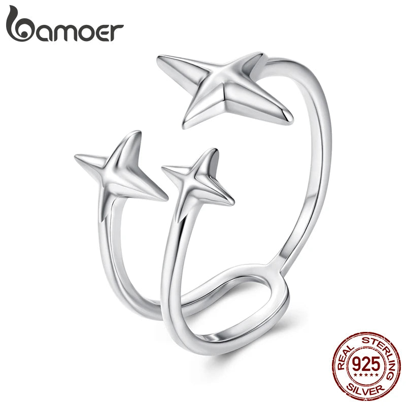 Bamoer Starlight Doppellagiger offener Ring, verstellbar, Drei-Sterne-Ring, Original, für Damen, Partnerinnen, Mädchen, minimalistisches Geschenk, Geburtstagsgeschenk