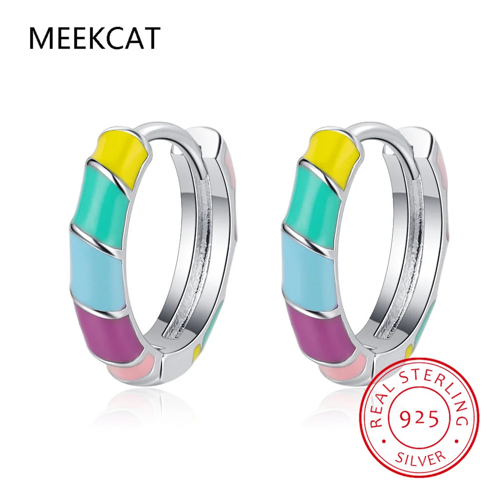 925 Sterling Silver Colorful Enamel Round Ear Buckles for Women Rainbow Glaze Twist Hoop Earring Huggies Fine Jewelry Gift
