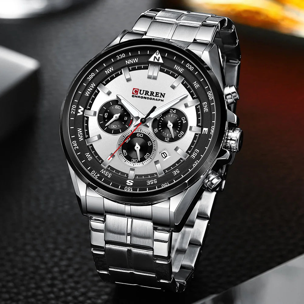 CURREN Luxury Brand Watches for Men Casual Sporty Quartz Wristwatch with 316 Stainless Steel Band Chronograph Clock Male Silver