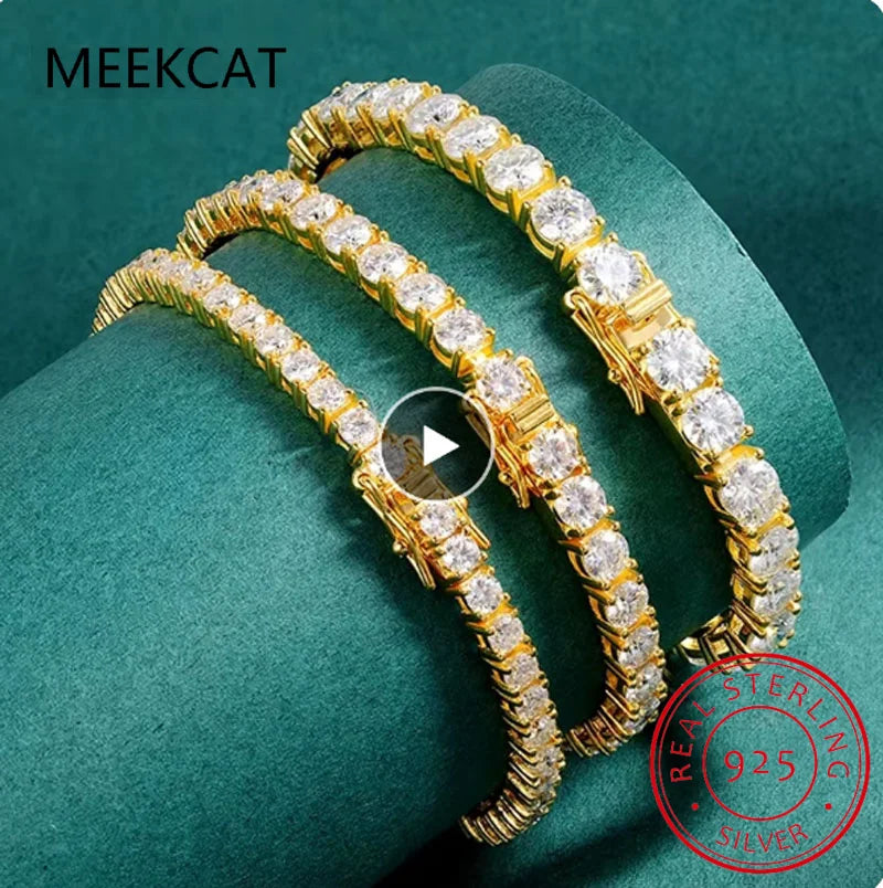 18k Gold Plated Moissanite Tennis Bracelet for Women 3/4/5mm Classic S925 Sterling Silver Certified Bracelet for Men