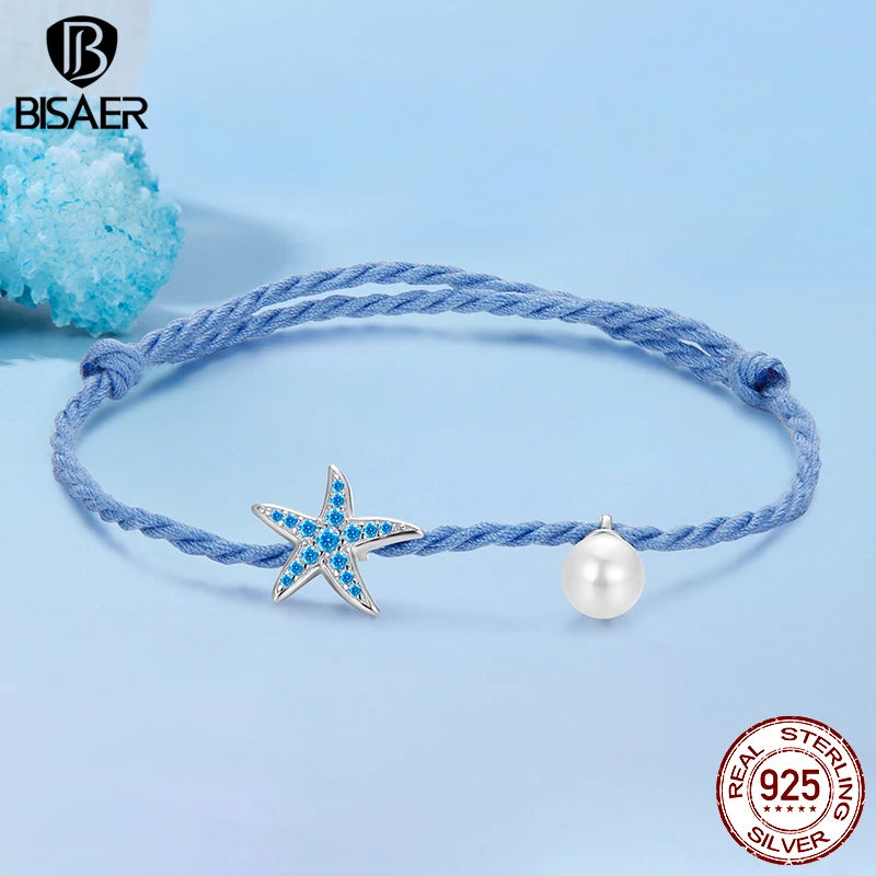BISAER 925 Sterling Silver Bule Starfish Pearl Bracelet Simple Bracelets for Women Charms Beads DIY Fine Jewelry Holiday Gift
