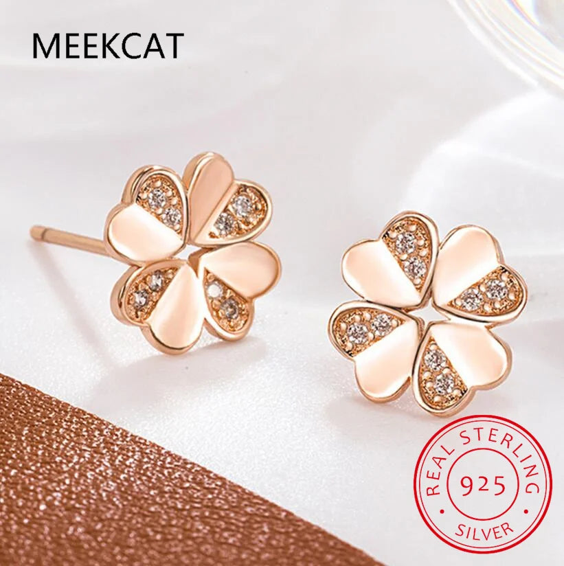 Real 925 Sterling Silver Zircon Clover Stud Earrings For Women Cute Fine Jewelry Minimalist Accessories