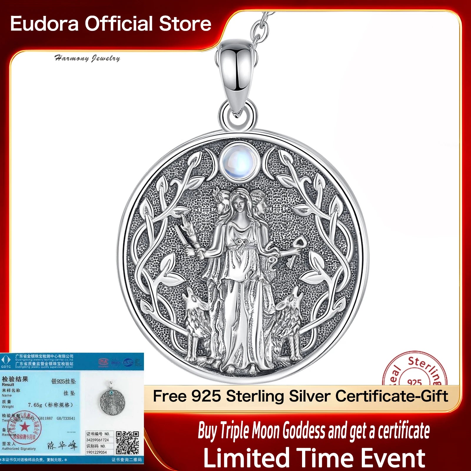 Collier Eudora en argent sterling 925 avec pendentif en forme de chien Hécate et pierre de lune, amulette de la déesse triple lune, bijoux vintage pour femme et homme, cadeau