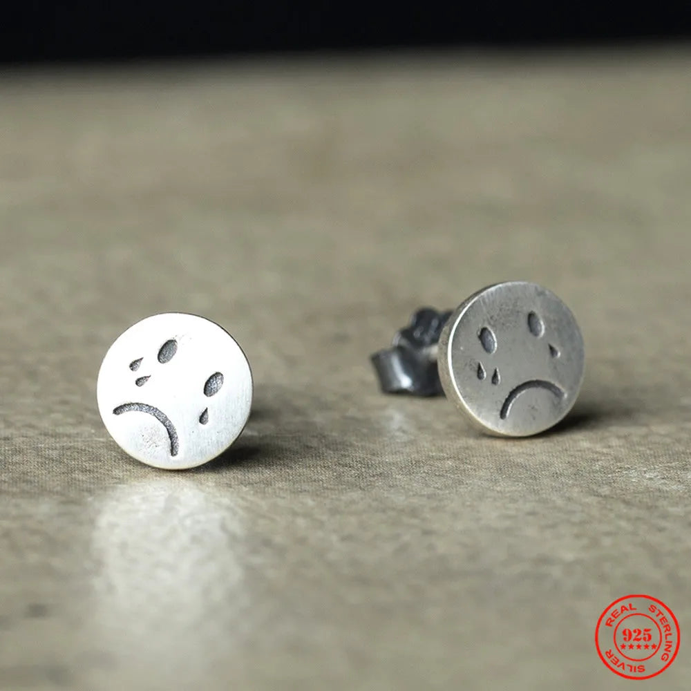 MKENDN Real 925 Sterling Silver Crying Face Stud Earrings Personality Minimalist Ear Jewelry Street Punk Gothic Style