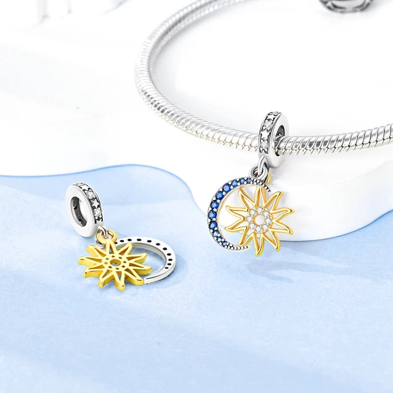 100% 925 Sterling Silver Sparkling Cat Moon Sun and Stars Charms Pendants Fit 3mm 925 Original Bracelets DIY Fine Jewelry