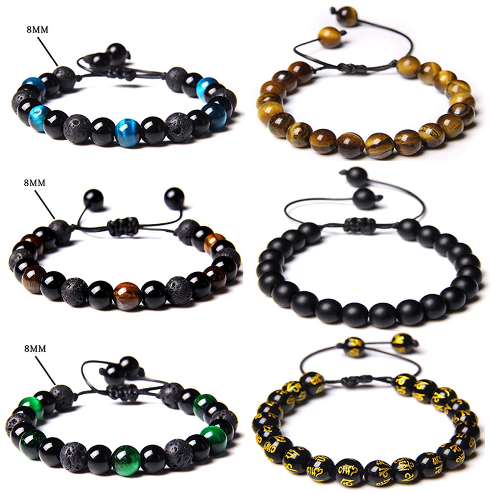 MKENDN 8mm Natural Tiger's Eye Stone Beaded Bracelets Adjustable Braided Rope Bracelet Yoga Lucky Bracelet for Men Women Jewelry - Madeinsea©