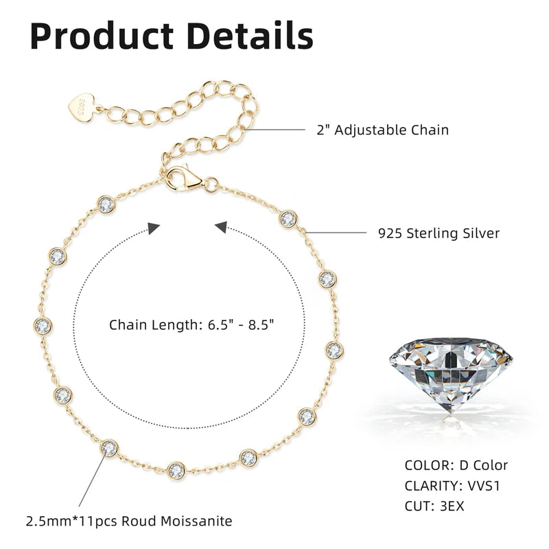 OXTAO 925 Sterling Silver Round Cut Moissanite Bracelet for Women Adjustable Chain Fashion Bracelets Wedding Jewelry Gifts Whole