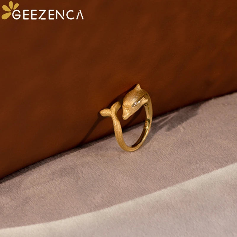 GEEZENCA 925 Silver Moissanite Stone Dolphin Shaped Resizable Rings For Women 18K Gold Italian Craft Chic Luxury Ring 2024 New