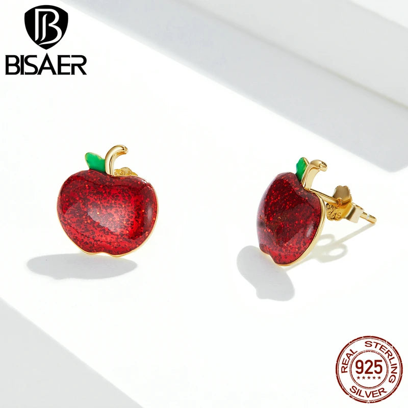 BISAER Boucles d'oreilles à tige en argent sterling 925 véritable avec pomme de Noël en émail pour femme, bijoux fins de fête, cadeau de vacances