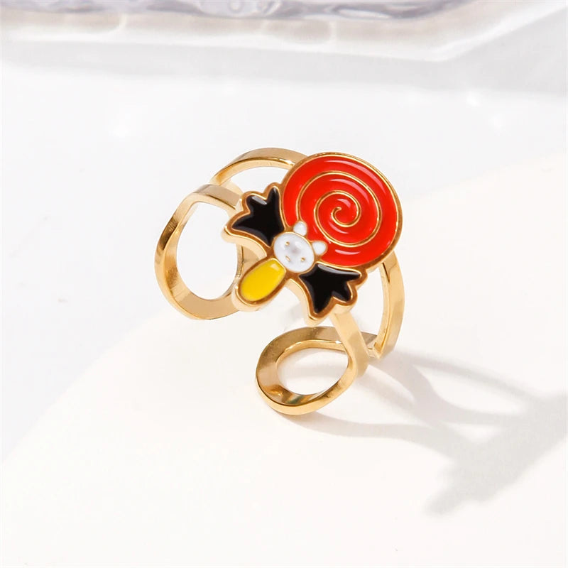 Niche Design Halloween Stainless Steel Ring For Women Cute Cartoon Ghost Pumpkin Skull Bat Adjustable Finger Ring Party Jewelry