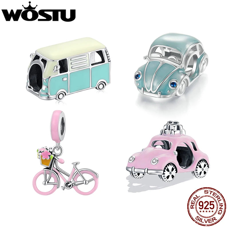 WOSTU 925 Sterling Silver Cartoon Bus Charm Beetle Car Bead Pink Bicycle Pendant Fit Bracelet Necklace Girl Birthday DIY Jewelry