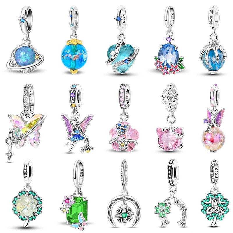 100% 925 Sterling Silver Glowing Planet Zircon Flower Fairy Four Leaf Clover Charms Bead Fit Original Bracelets DIY Jewelry Gift