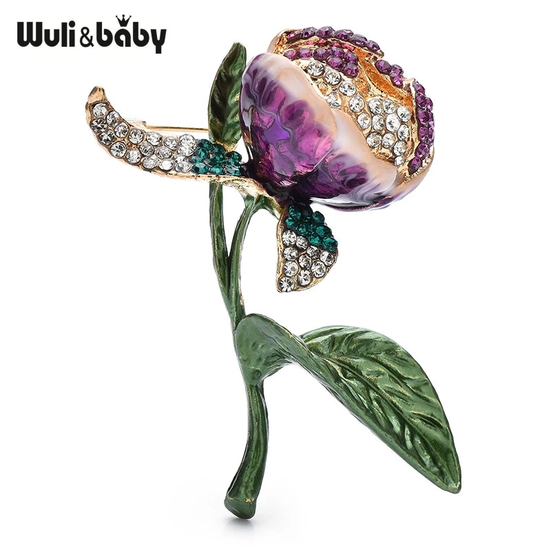 Wuli&baby Enamel Purple Tulip Flower Green Leaf Clear Crystal Stamen Women Brooch Pins Jewelry Accessory