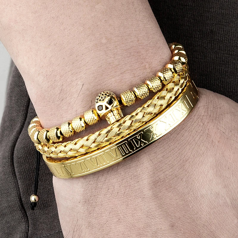 MKENDN Luxury 3pcs/Set Skull Charm Black Bracelet Stainless Steel Men Roman Number Bangles Europe Fashion Couple Jewelry