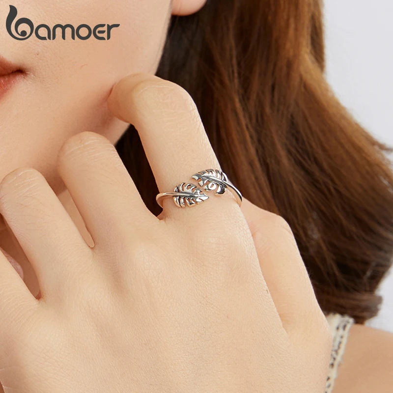 BAMOER Solid 925 Sterling Silver Leaves Ring Adjustable Stacking Finger Ring, Beautiful Leaf Jewelry For Women BSR671-E