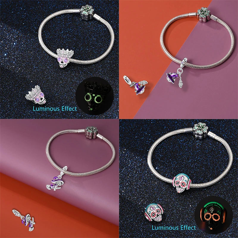 New 925 Sterling Silver Luminous Halloween Skull Witch Pumpkin Candy Charms Beads Fit 3mm Original Bracelets Party Jewelry