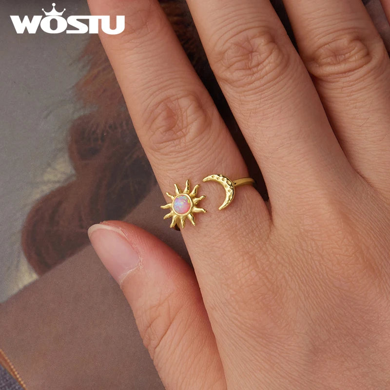 WOSTU 925 Sterling Silver Opal Sun and Moon Open Ring Plated Gold Original Warm for Women Anniversary Birthday Fine Jewelry Gift