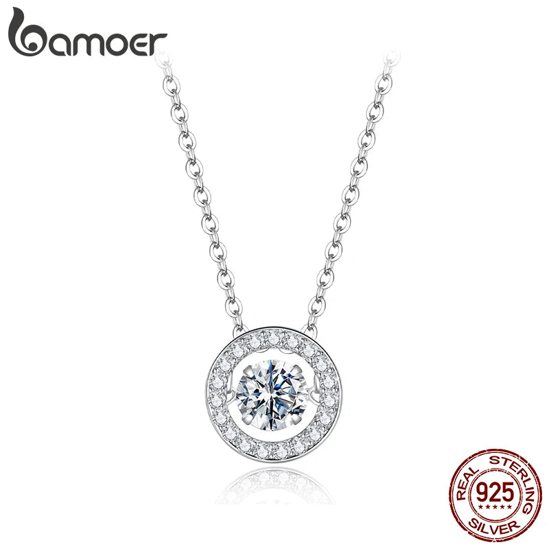 BAMOER 0.5CT Dancing Moissanite Necklace 925 Sterling Silver Halo Round Pendant Link Necklace for Women Wedding Jewellry Gift