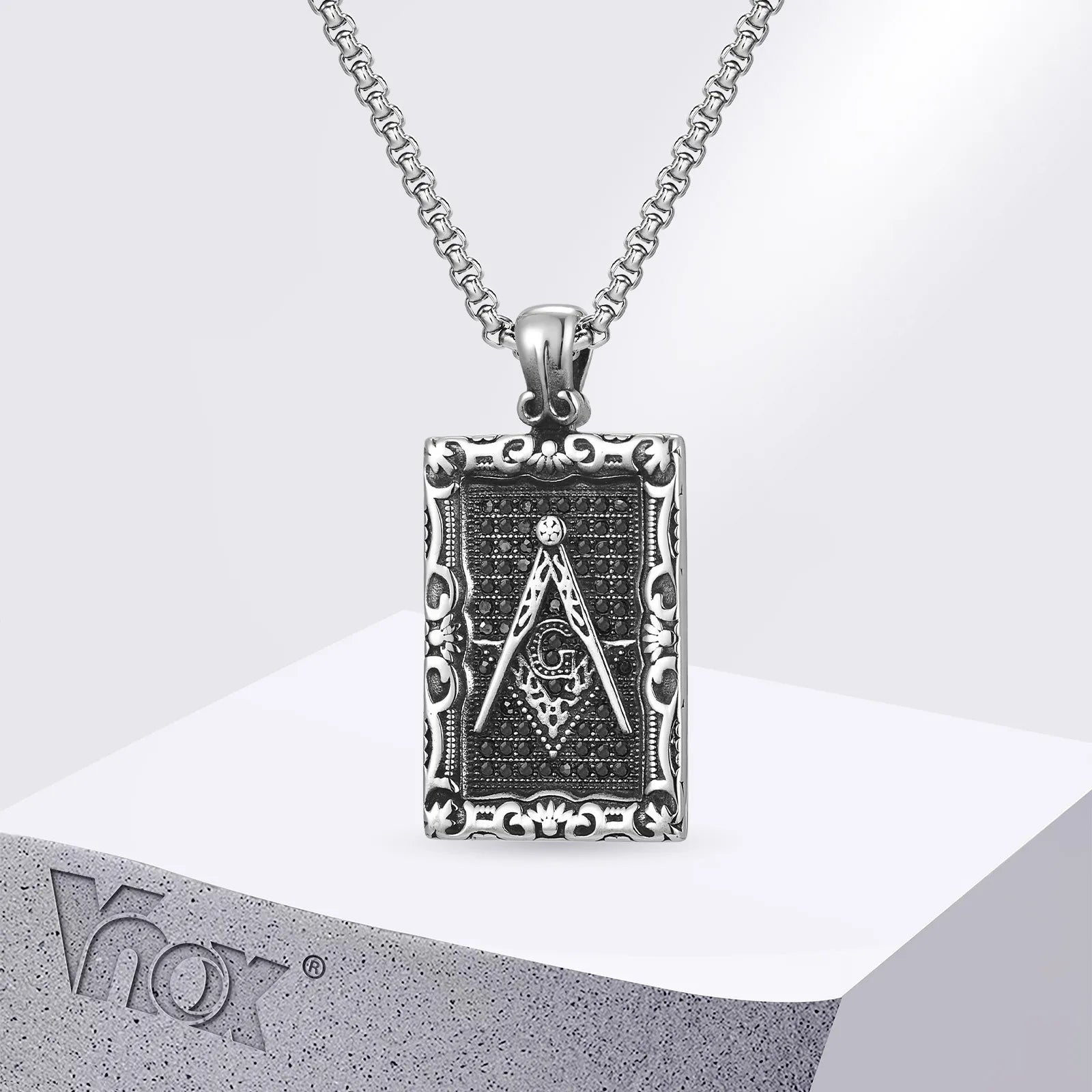 Vnox Mens Freemasonry Necklaces,Geometric Rectangular Badge with Masonry Pendant, US Style Accessory Gift