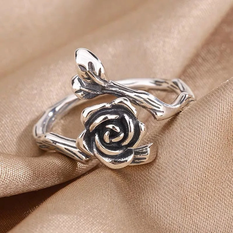 Buyee 925 Sterling Silber Blumenring Finger Niedliche Rose Süß Offener Ring für Frauen Mädchen Mode Familie Party Feiner Schmuck Kreis