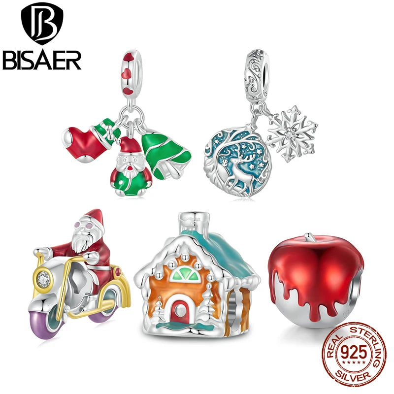 BISAER 100% 925 Sterling Silver Luminous Christmas Charm Bead Santa Claus Elk Pendentif Pour Femmes DIY Bracelet Fine Jewelry Cadeau