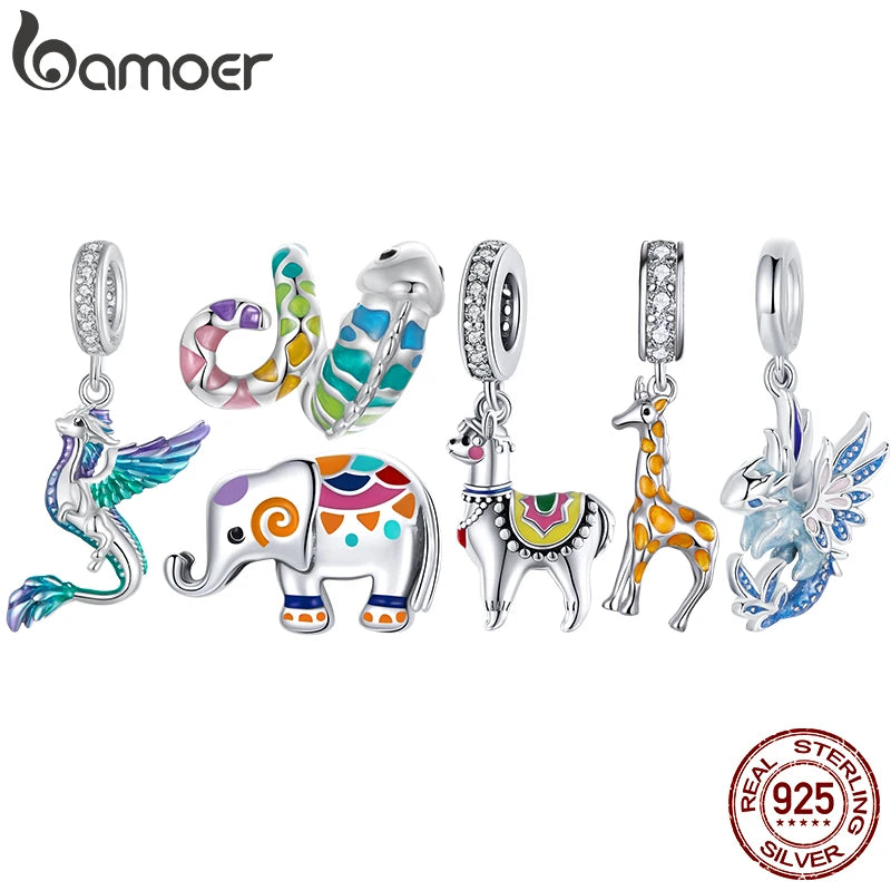 BAMOER 925 Sterling Silver Animal Pendant Colorful Zoo World Flying Dragon Beads Original for Women Teens DIY Cute Necklace